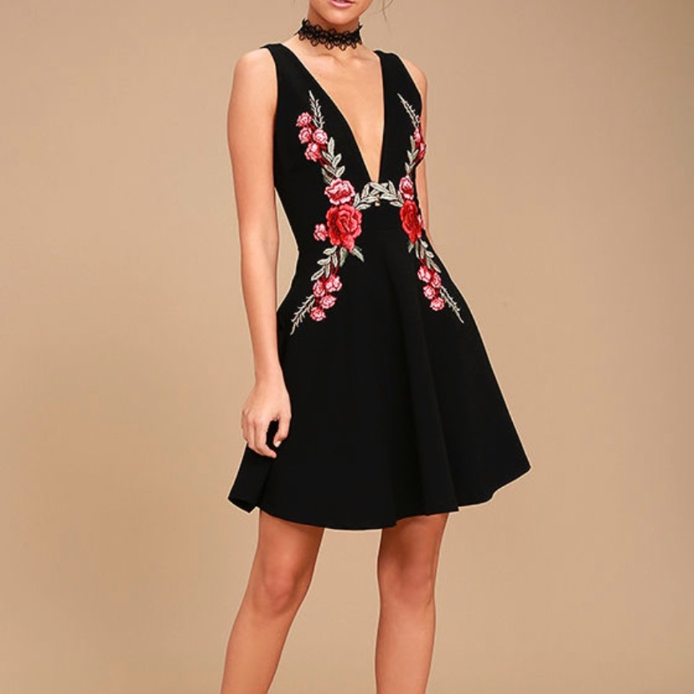 Lulus Romantic Rose Black Embroidered Skater Dress